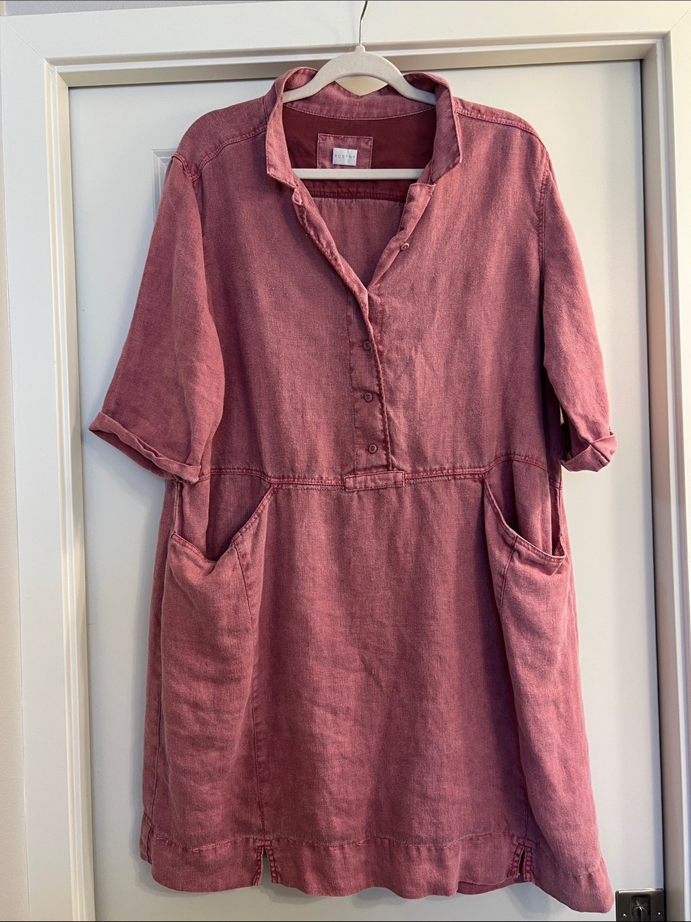 Poetry Washed Rose Button-Placket Linen Tunic with Pockets